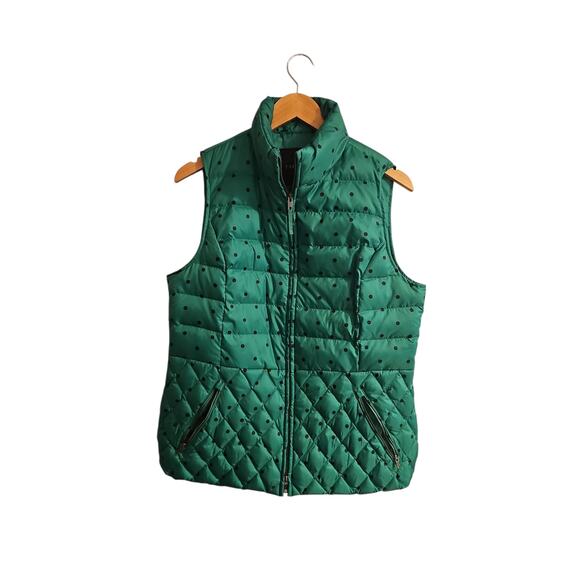Talbots Kelly green navy blue polka dot down filled quilted vest sz medium - Picture 2 of 6